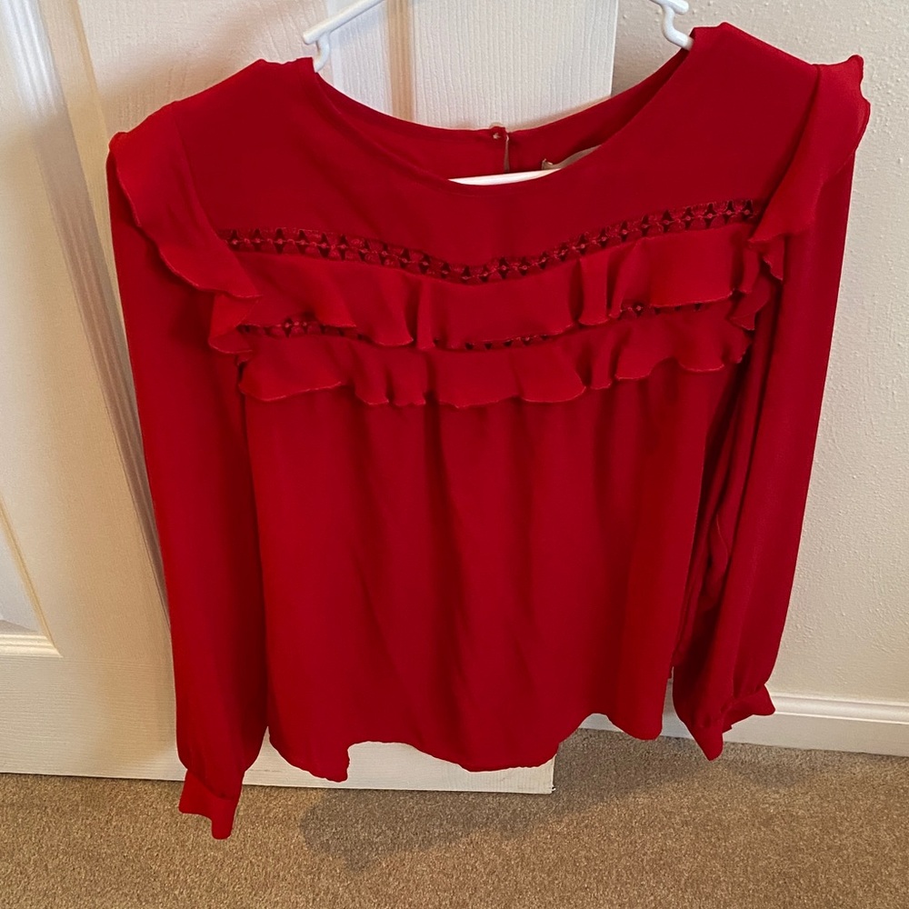 LOFT Red Ruffled Blouse Size Small